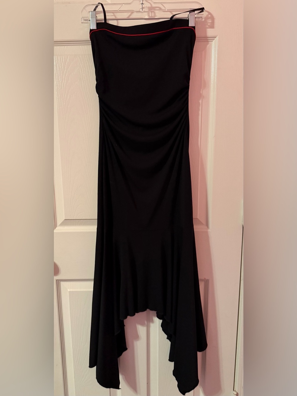 Jodi Kristopher Black Strapless Asymmetrical Hem Midi Dress with Red Trim Sz M